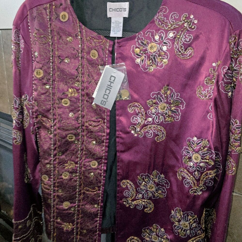 Chico's Royal Glam New! Sz S (8/10) Beaded Sequin Ratune Fuschia Blazer Jacket - Picture 3 of 13